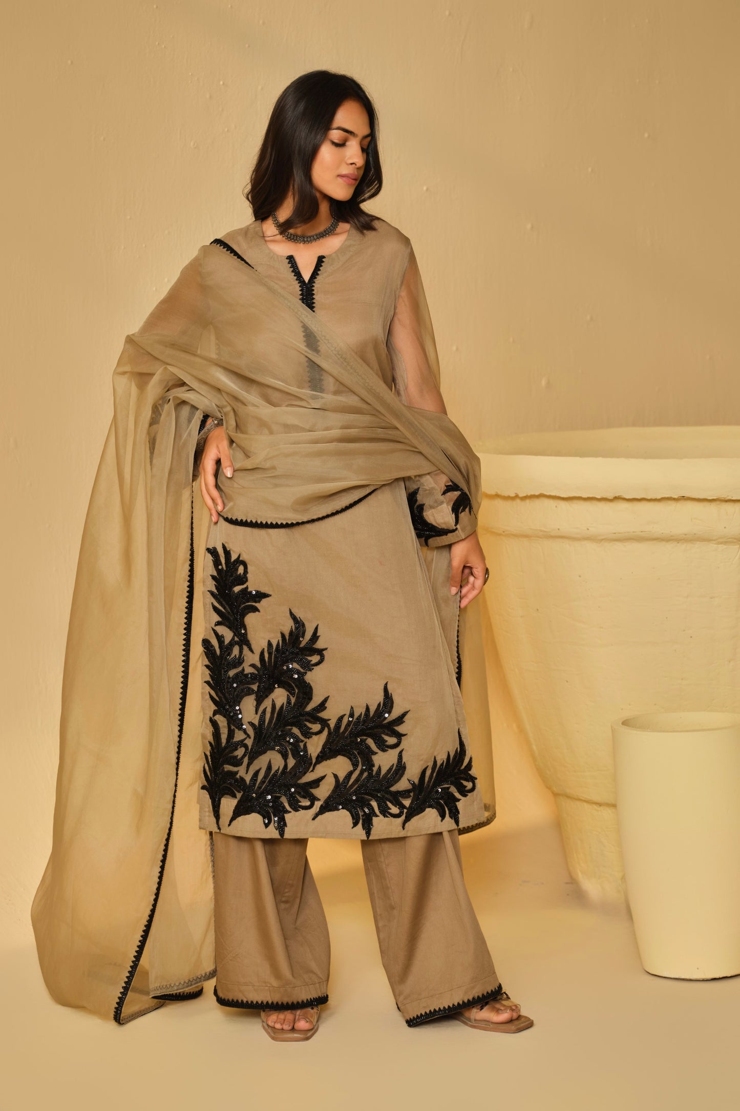 BLACK-BEIGE WORK ORGANZA KURTA SET