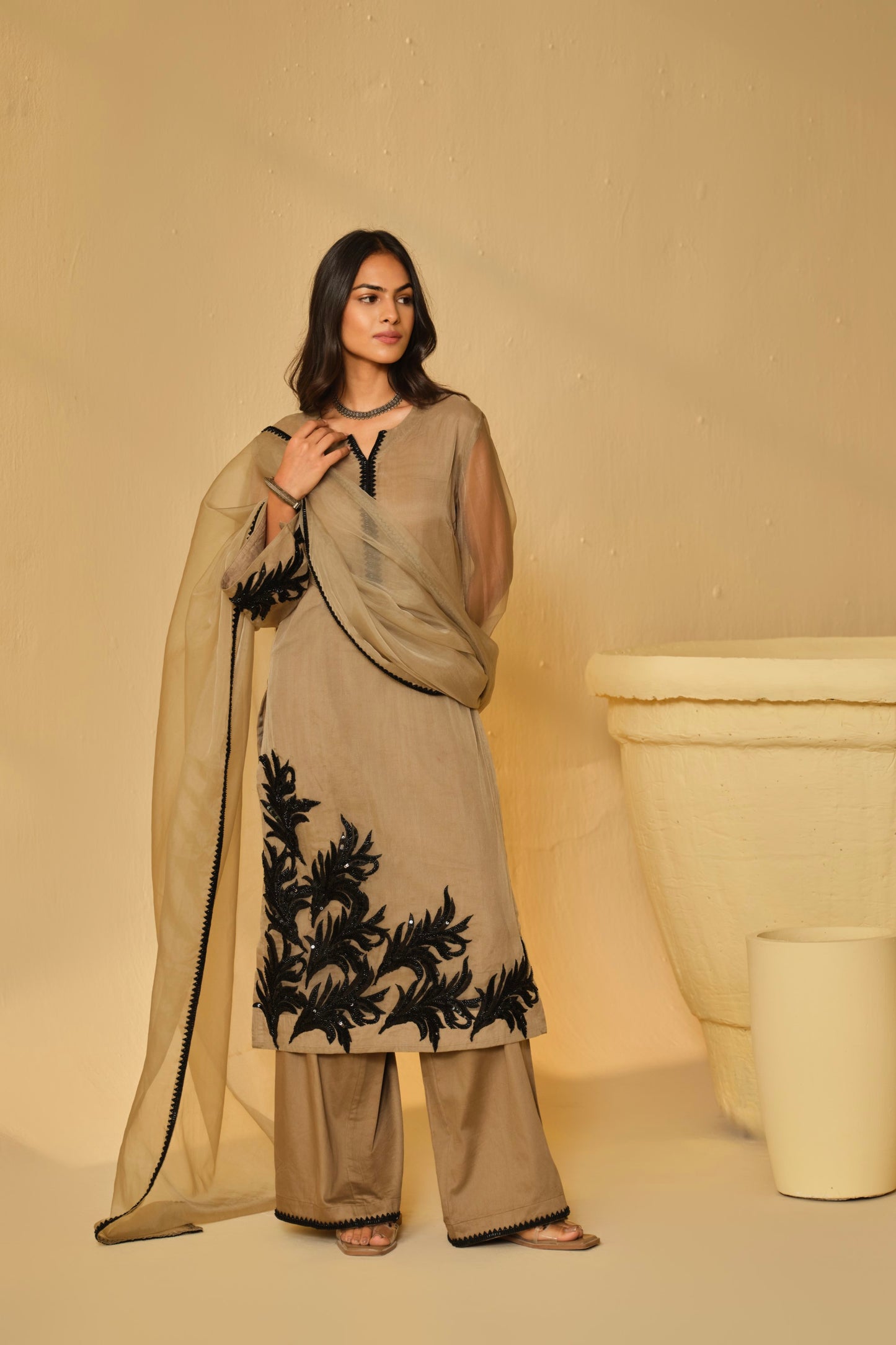 BLACK-BEIGE WORK ORGANZA KURTA SET