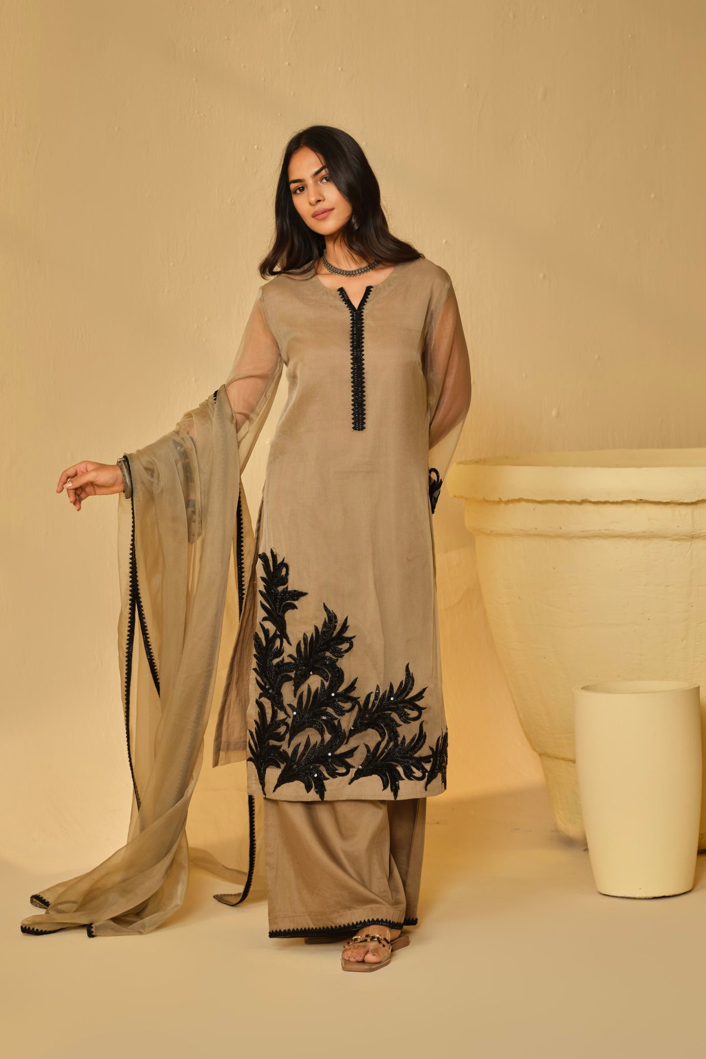 BLACK-BEIGE WORK ORGANZA KURTA SET