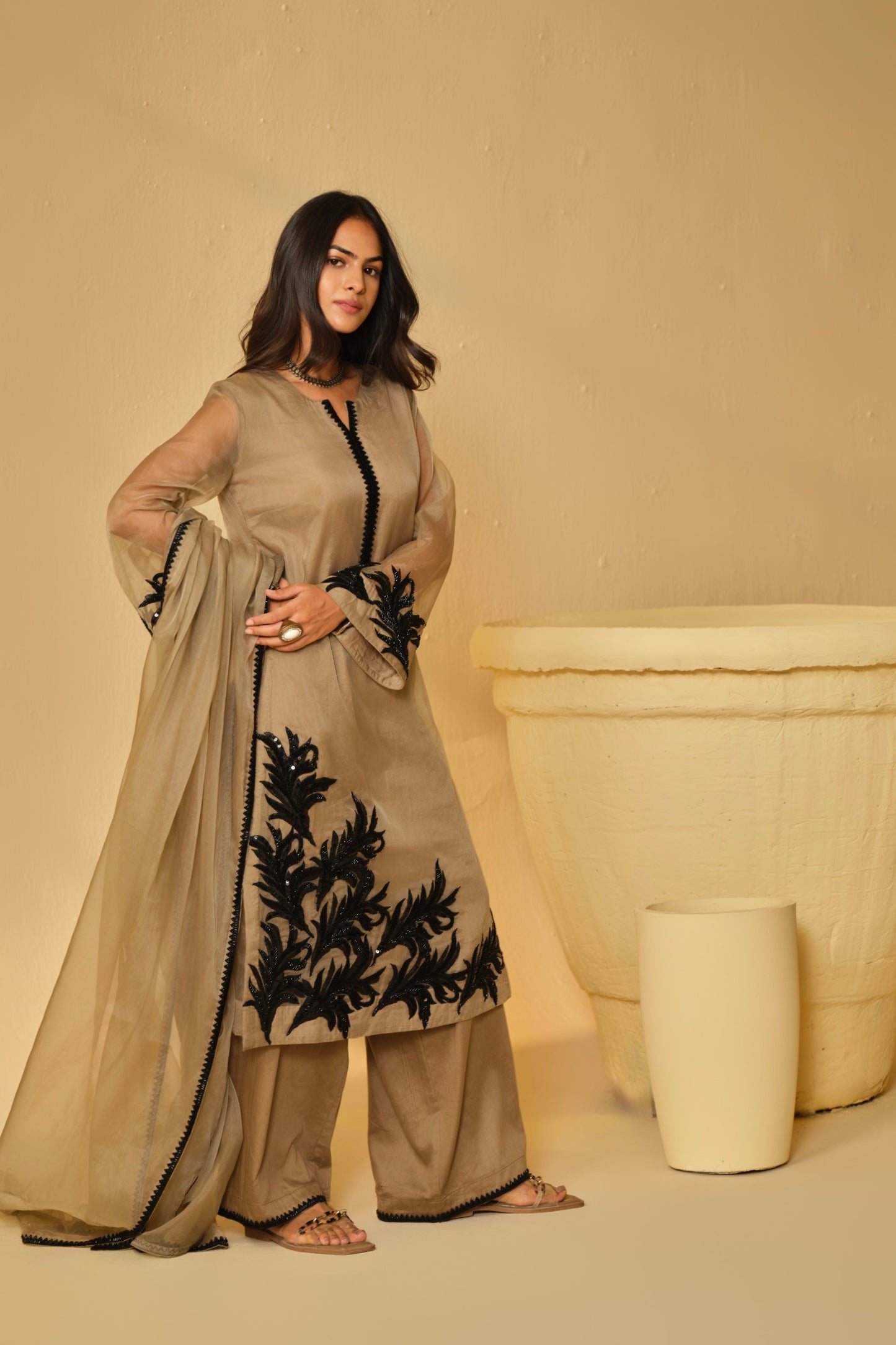 BLACK-BEIGE WORK ORGANZA KURTA SET