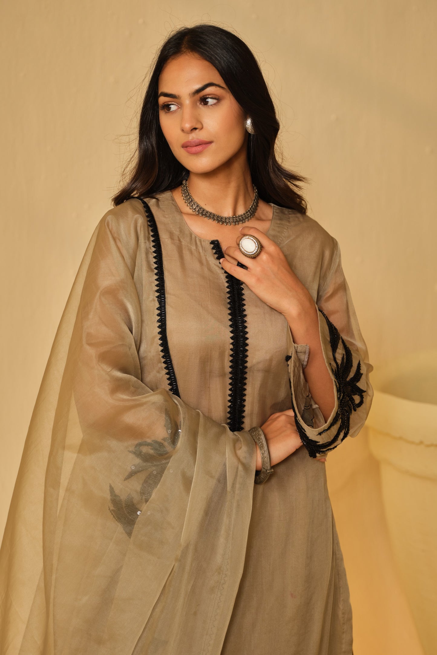 BLACK-BEIGE WORK ORGANZA KURTA SET