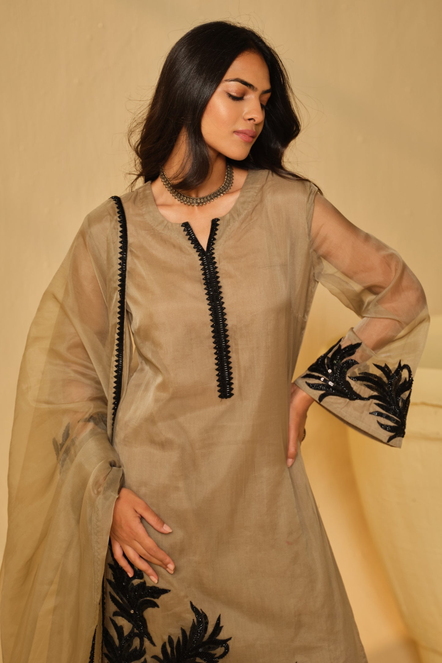 BLACK-BEIGE WORK ORGANZA KURTA SET