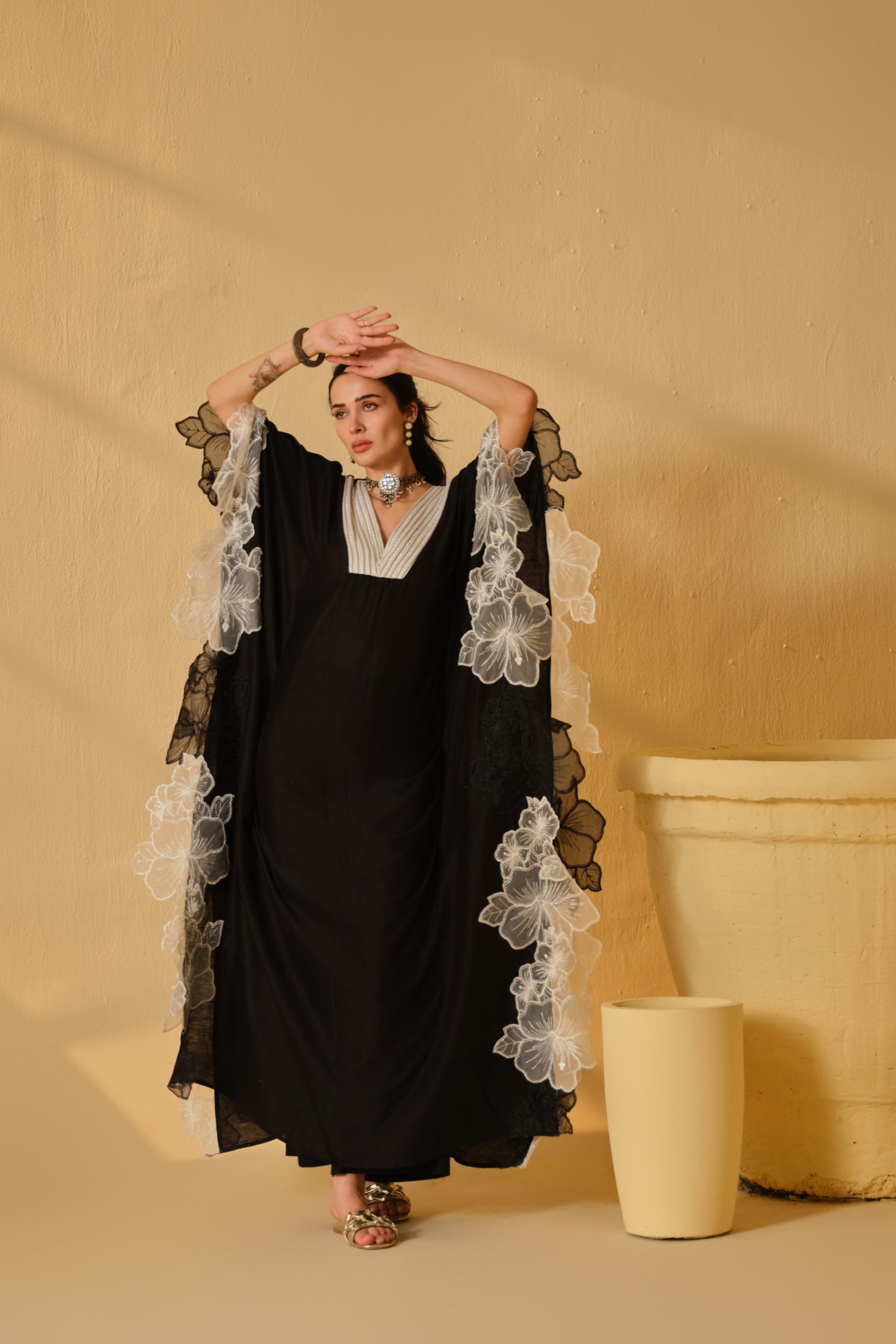COLOUR BLOCK FLOWER WORK KAFTAN