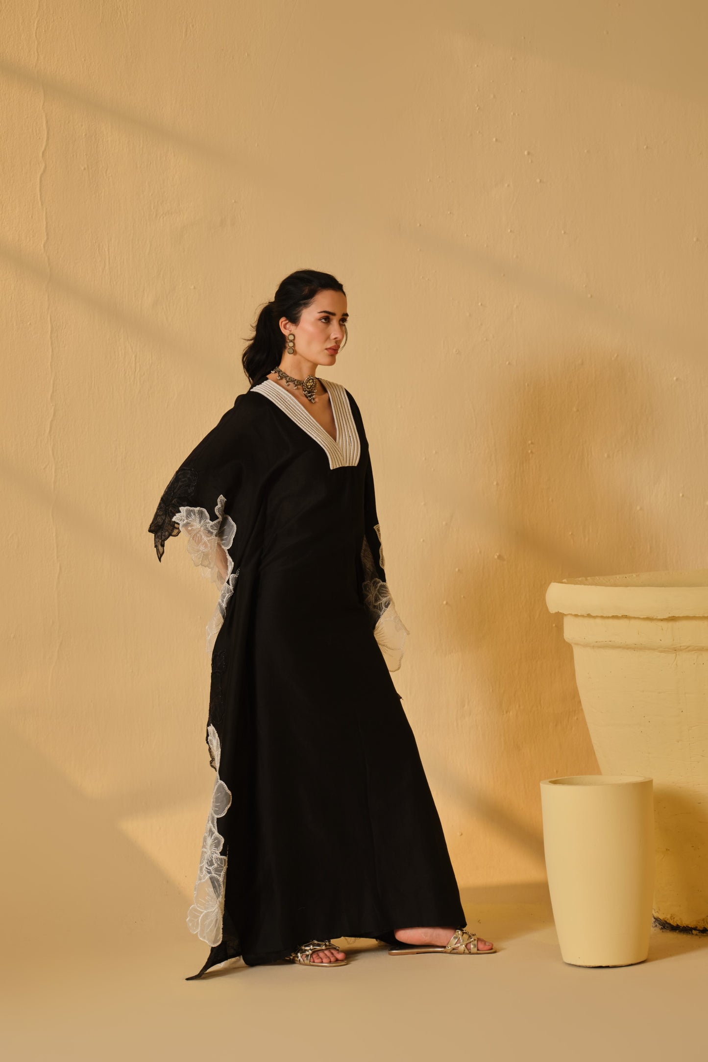 COLOUR BLOCK FLOWER WORK KAFTAN