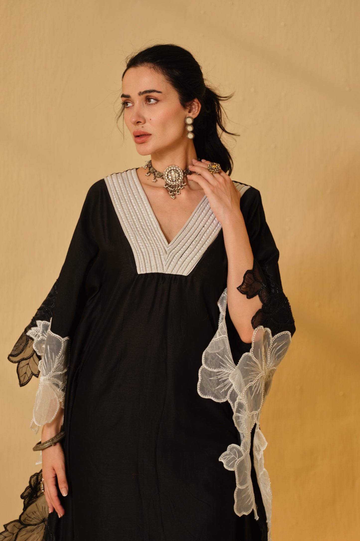 COLOUR BLOCK FLOWER WORK KAFTAN