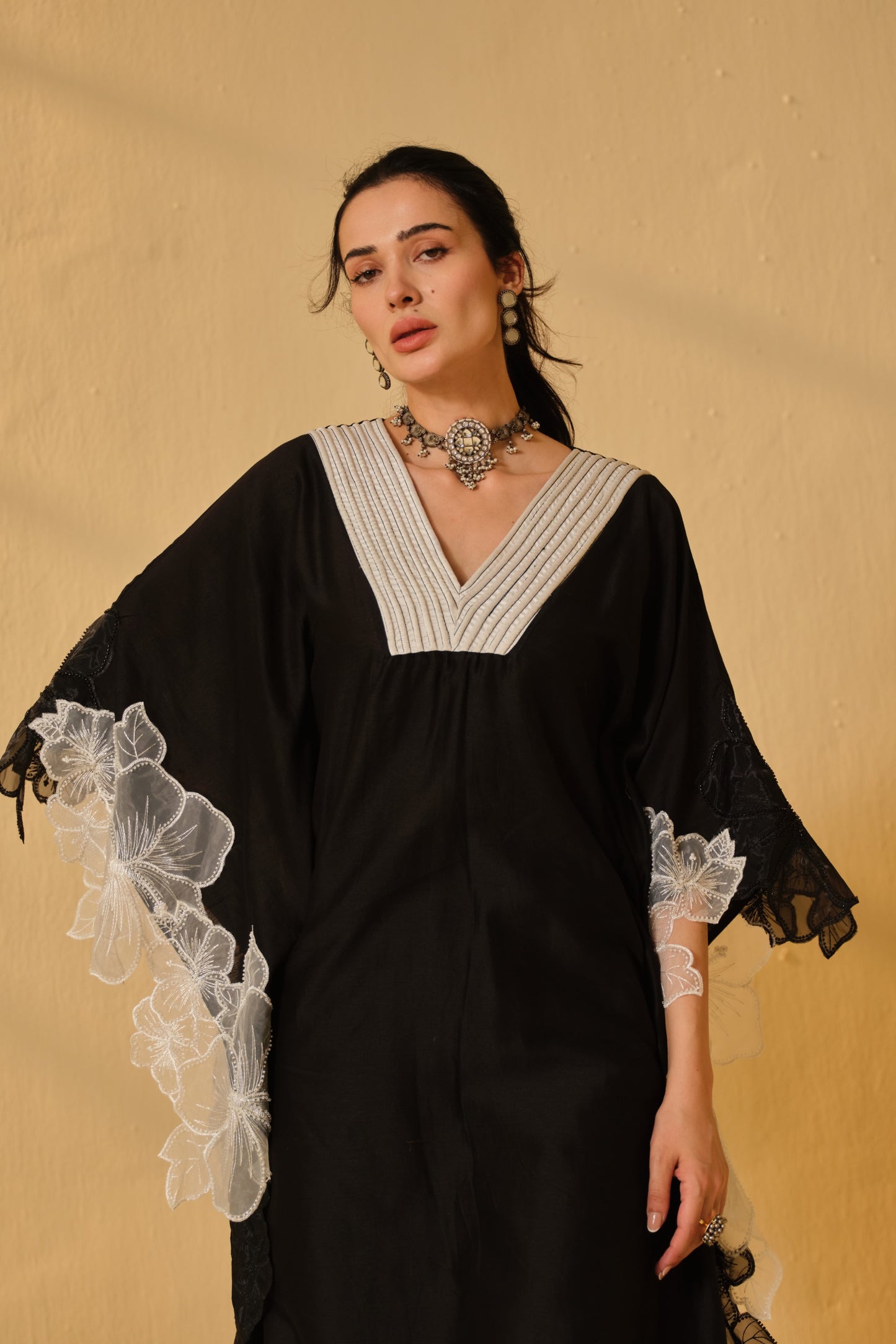 COLOUR BLOCK FLOWER WORK KAFTAN