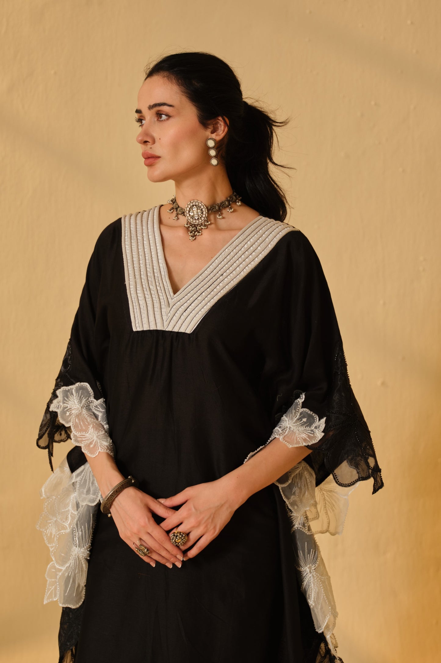 COLOUR BLOCK FLOWER WORK KAFTAN