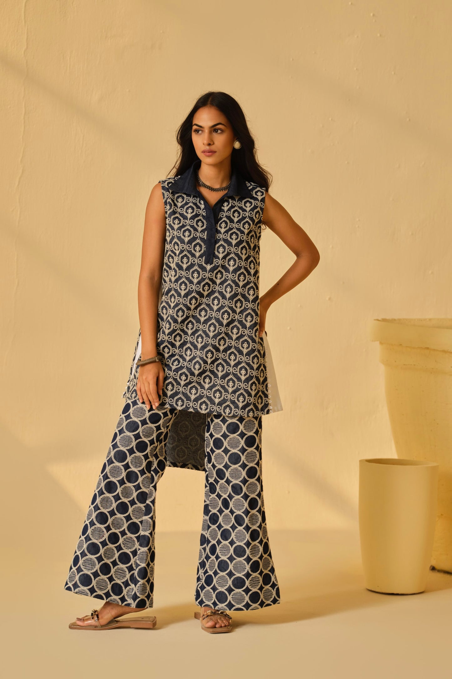 DENIM BLOCK WORK KURTA SET