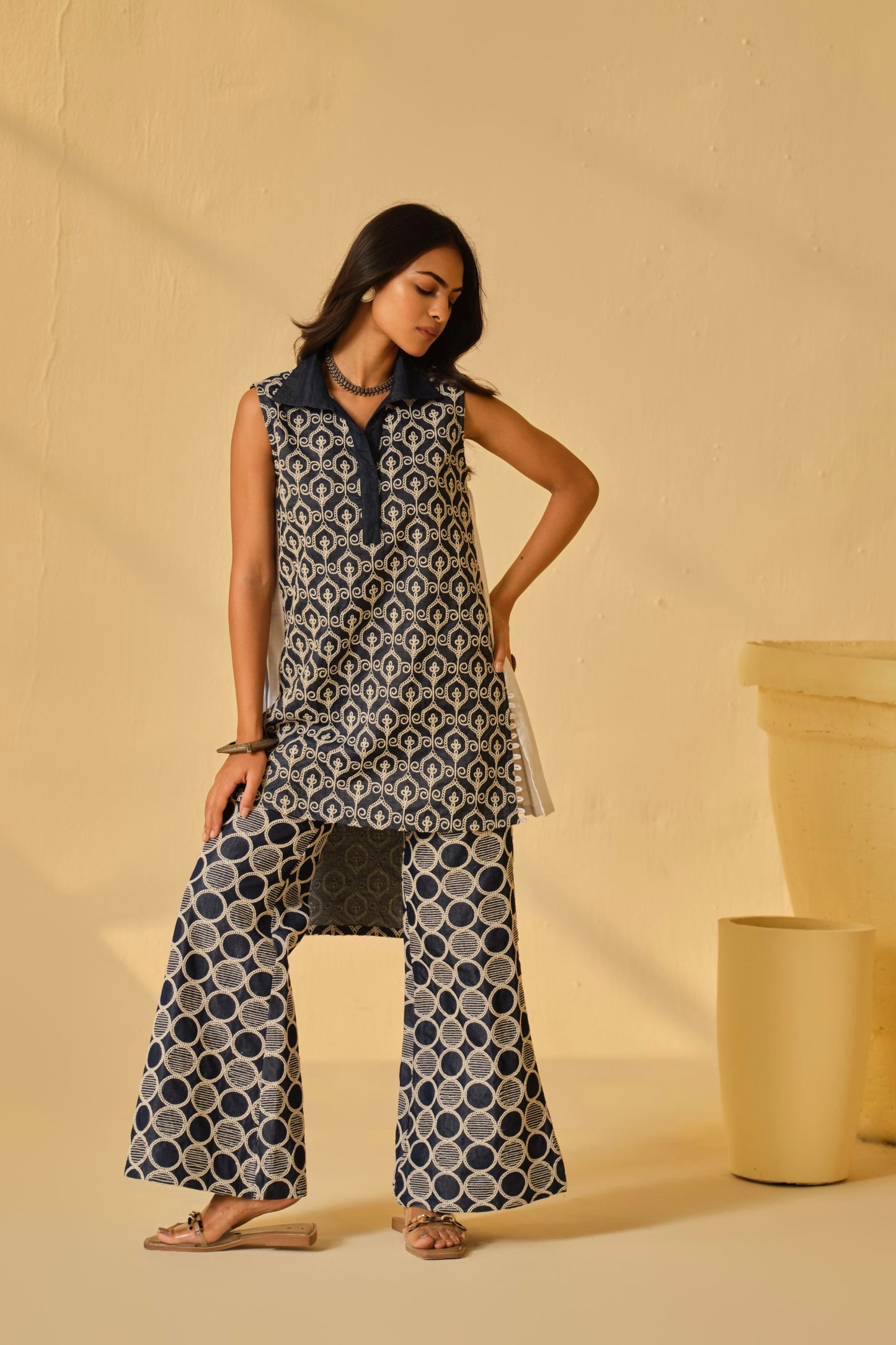 DENIM BLOCK WORK KURTA SET