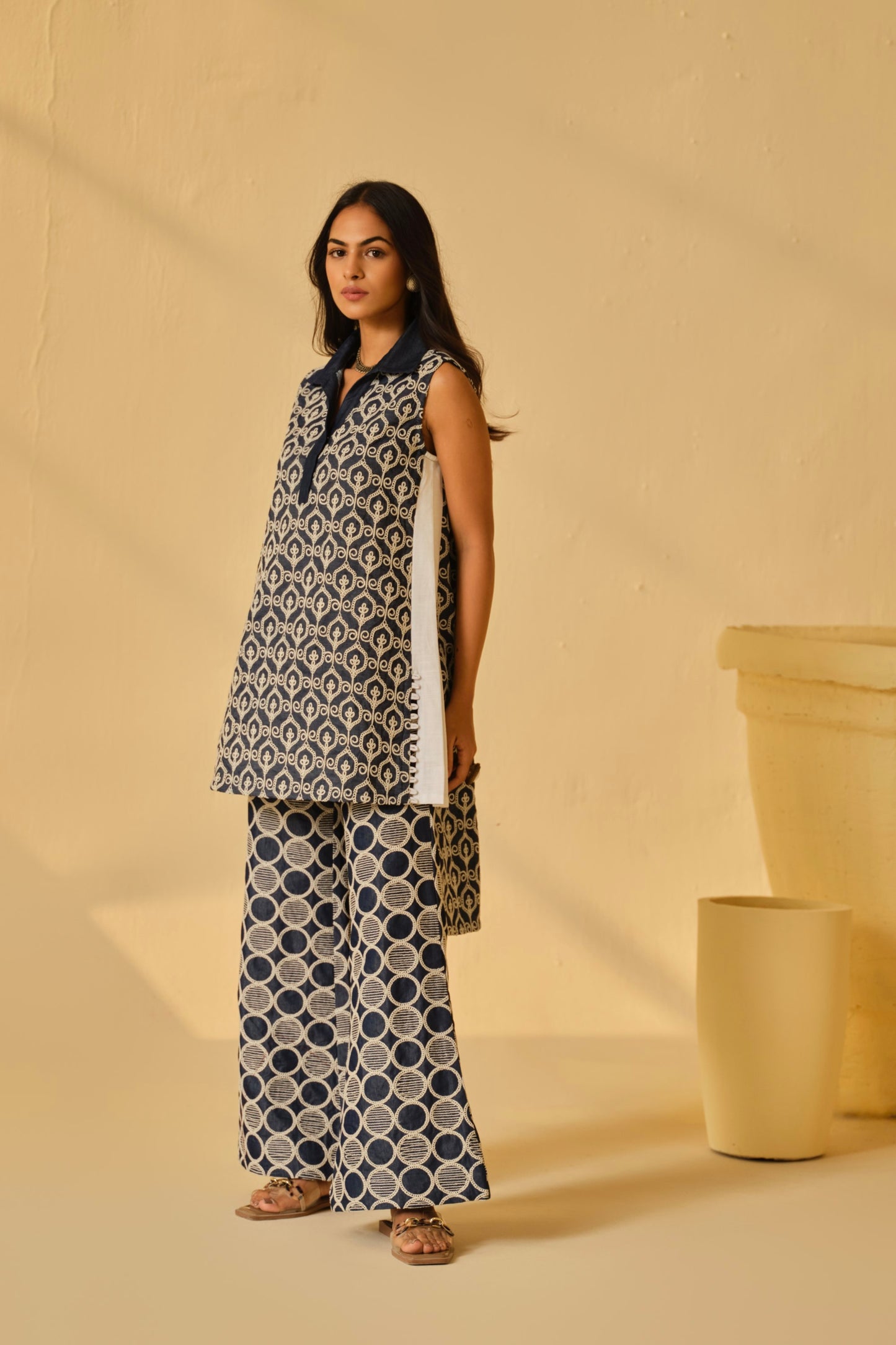 DENIM BLOCK WORK KURTA SET