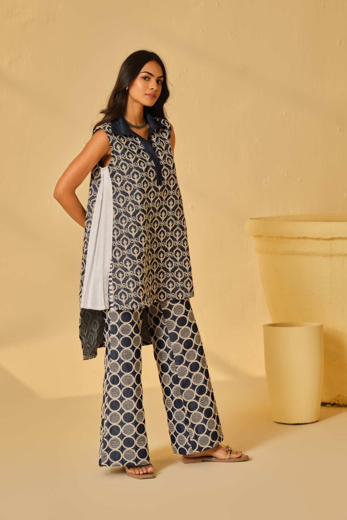 DENIM BLOCK WORK KURTA SET