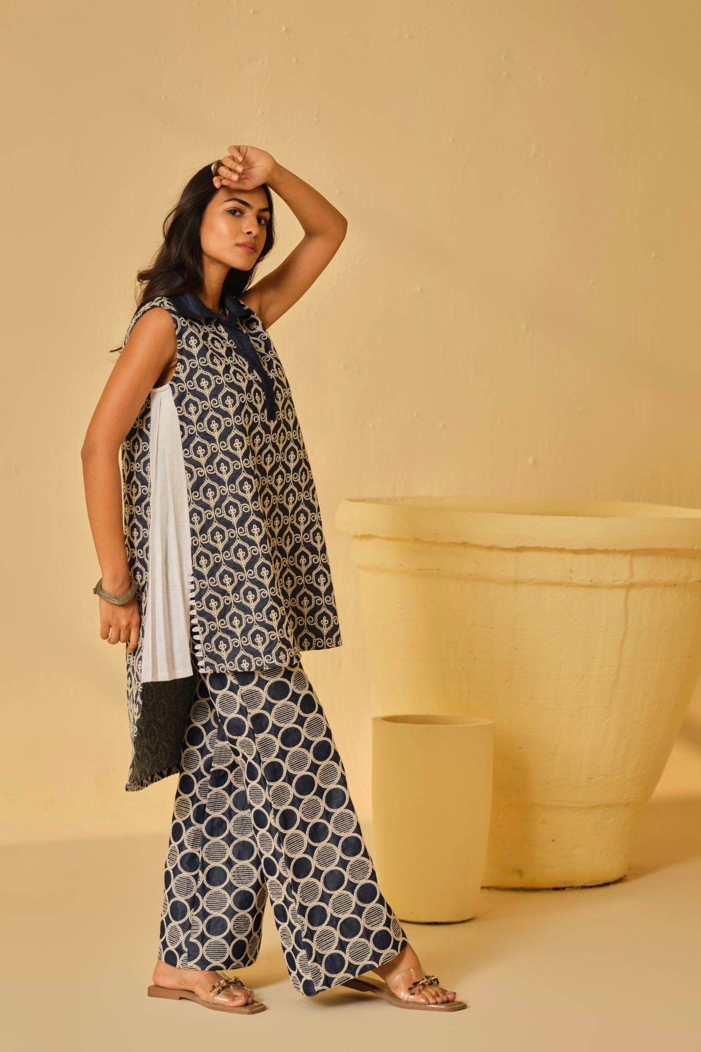 DENIM BLOCK WORK KURTA SET