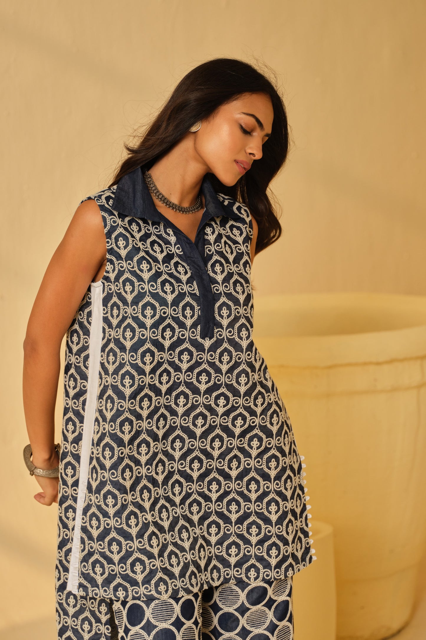 DENIM BLOCK WORK KURTA SET