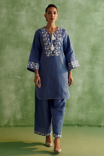 INARA THREAD-LINEN KURTA SET- BLUE