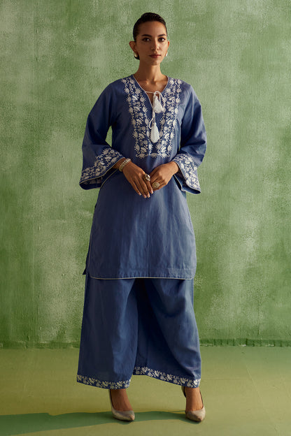 INARA THREAD-LINEN KURTA SET- BLUE