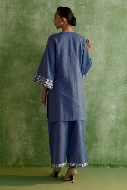 INARA THREAD-LINEN KURTA SET- BLUE