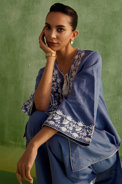 INARA THREAD-LINEN KURTA SET- BLUE