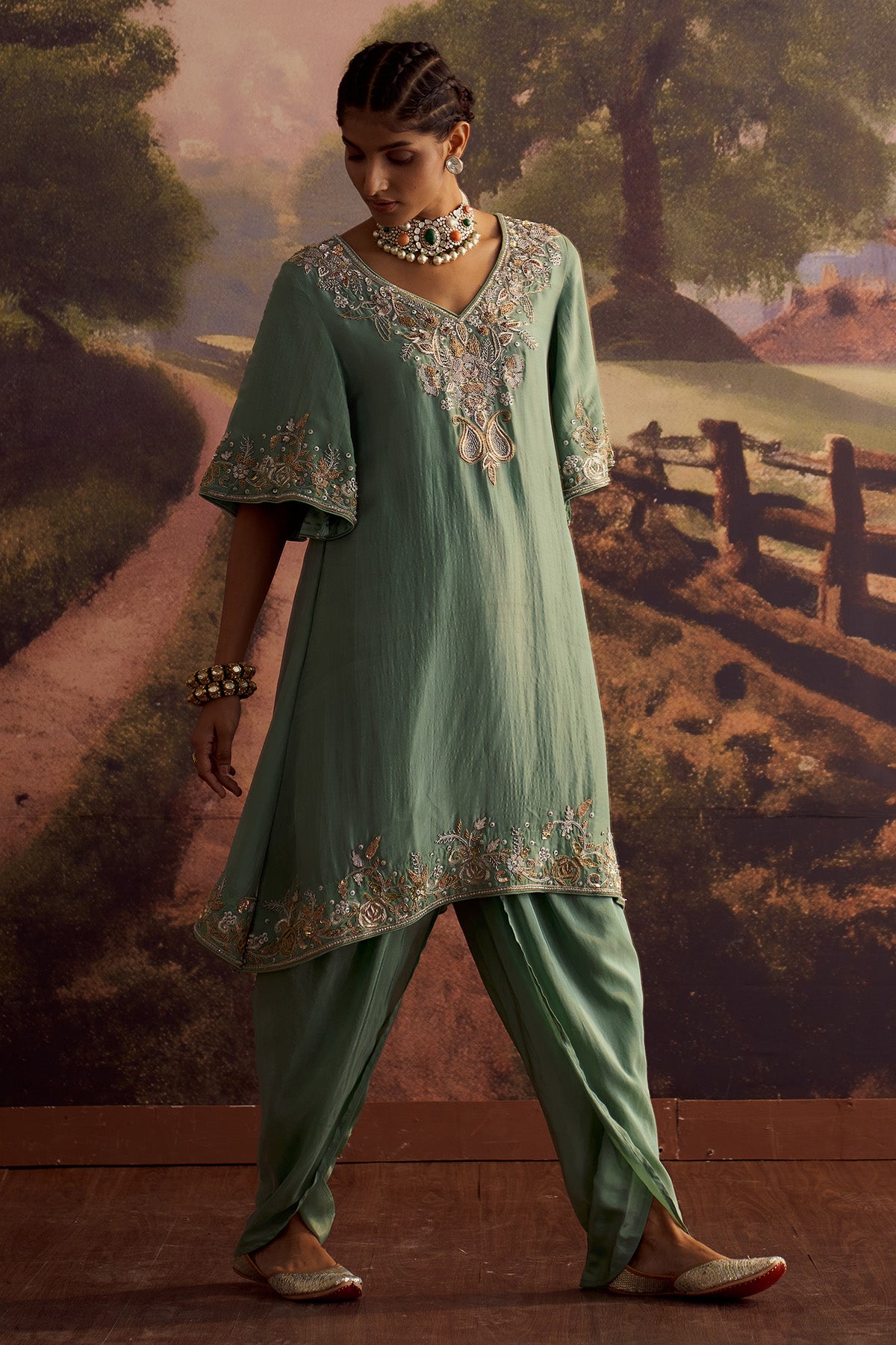 SAGE GREEN EMBROIDERED KURTA SET