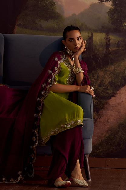 SAJANI GREEN PURPLE EMBROIDERED KURTA SET WITH DUPATTA