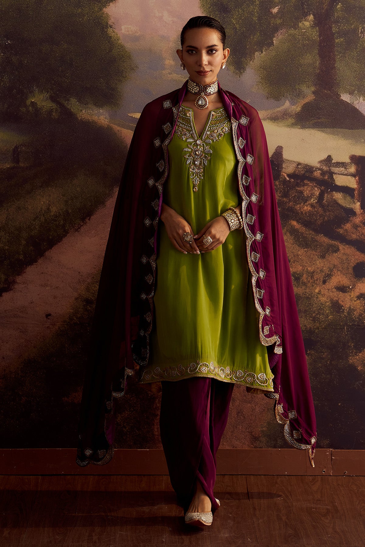 SAJANI GREEN PURPLE EMBROIDERED KURTA SET