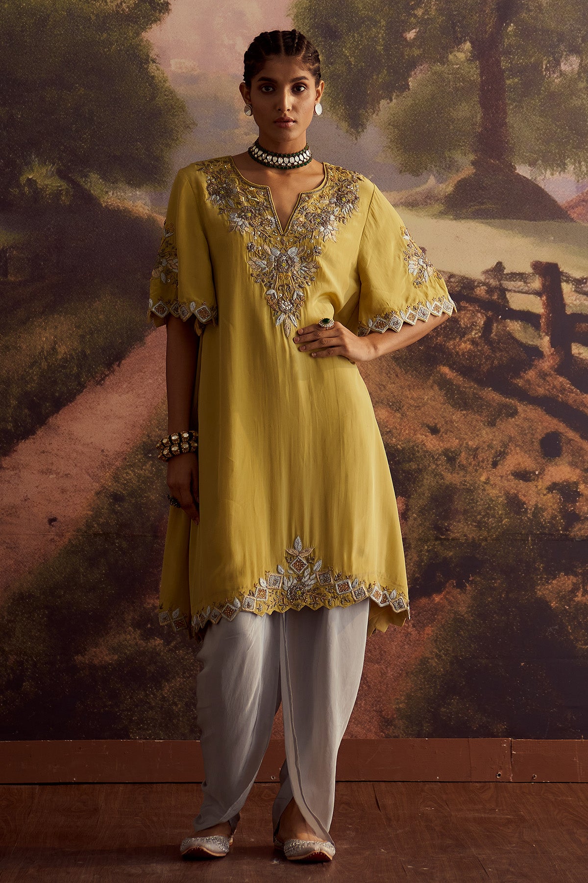 PASTEL YELLOW EMBROIDERED KURTA SET