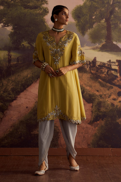 PASTEL YELLOW EMBROIDERED KURTA SET