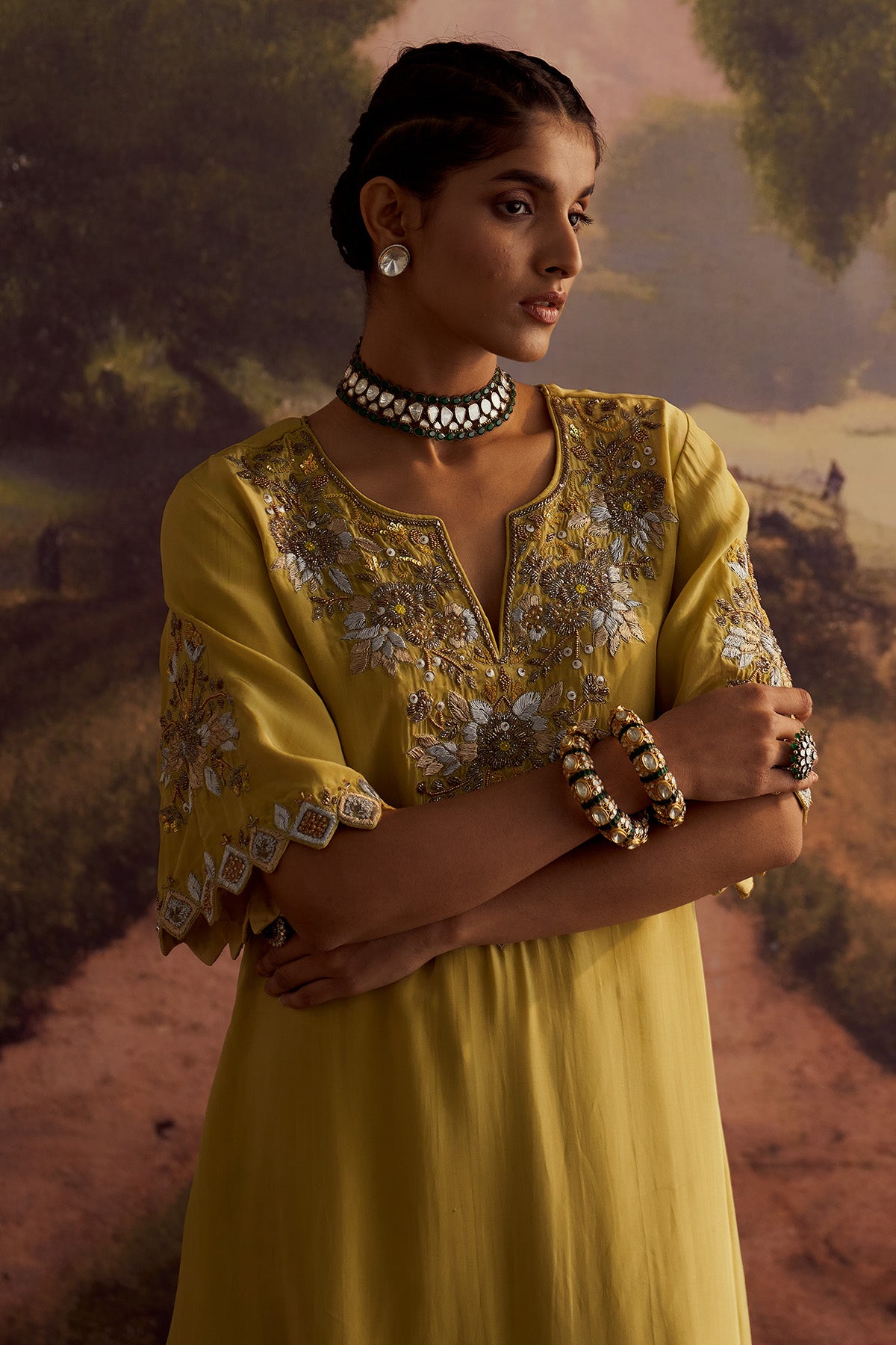 PASTEL YELLOW EMBROIDERED KURTA SET