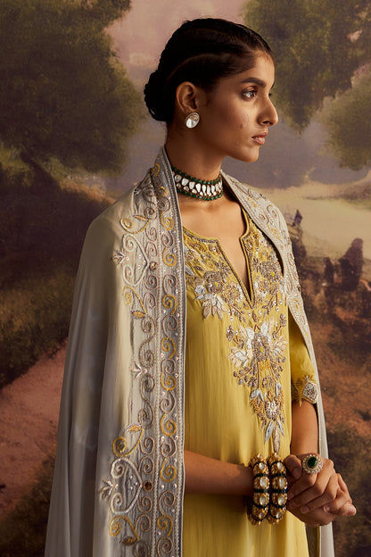 PASTEL YELLOW EMBROIDERED KURTA SET WITH DUPATTA