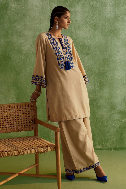 INARA THREAD-LINEN KURTA SET-BEIGE