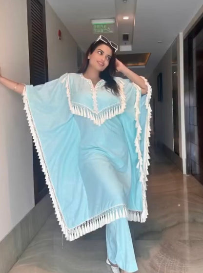 HAZE BLUE TASSEL FRINGE KAFTAN KURTA SET