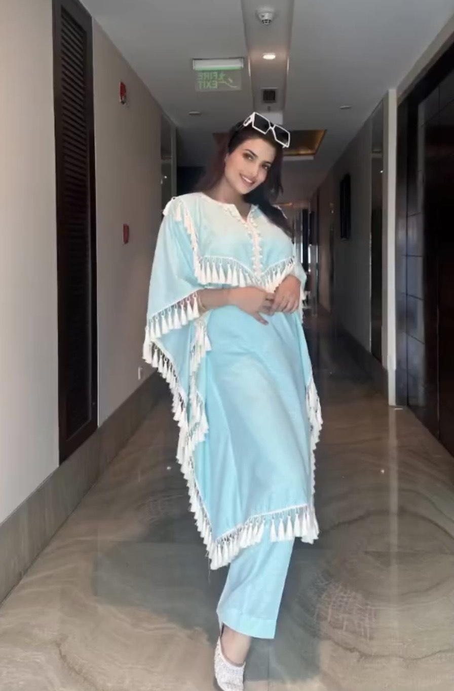 HAZE BLUE TASSEL FRINGE KAFTAN KURTA SET