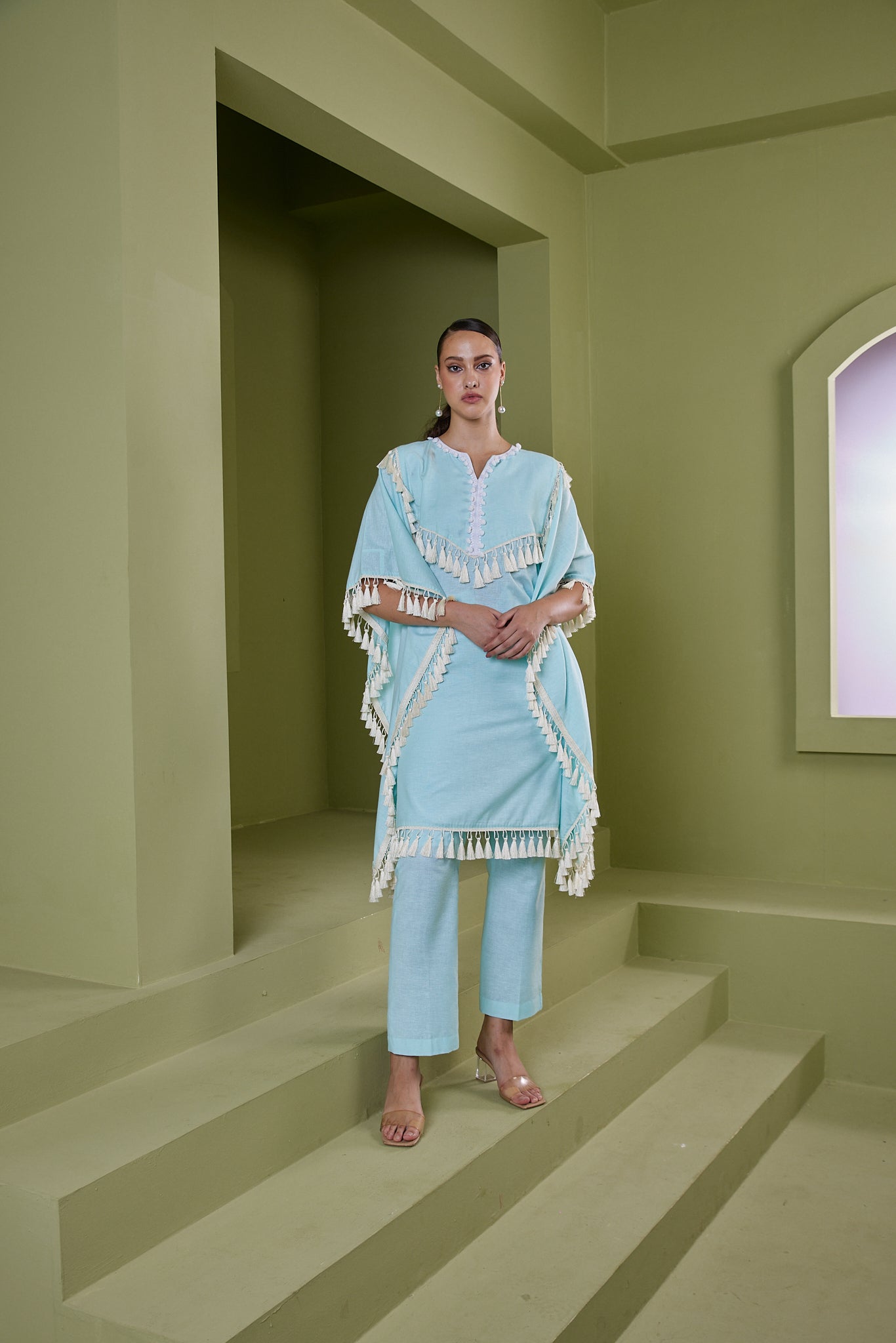 HAZE BLUE TASSEL FRINGE KAFTAN KURTA SET