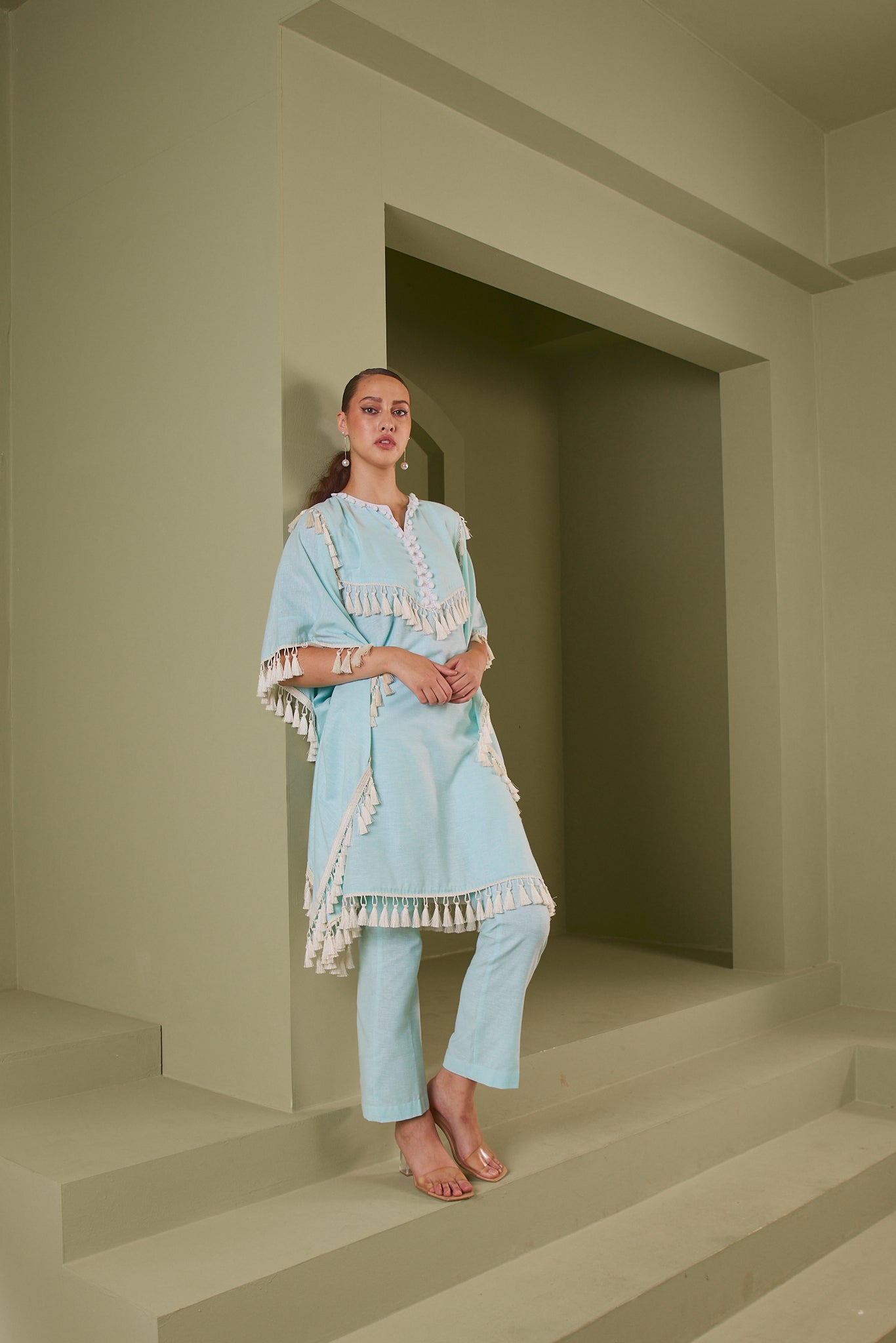 HAZE BLUE TASSEL FRINGE KAFTAN KURTA SET