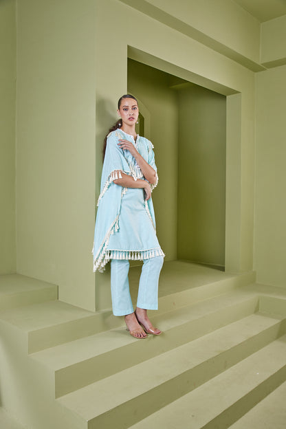 HAZE BLUE TASSEL FRINGE KAFTAN KURTA SET