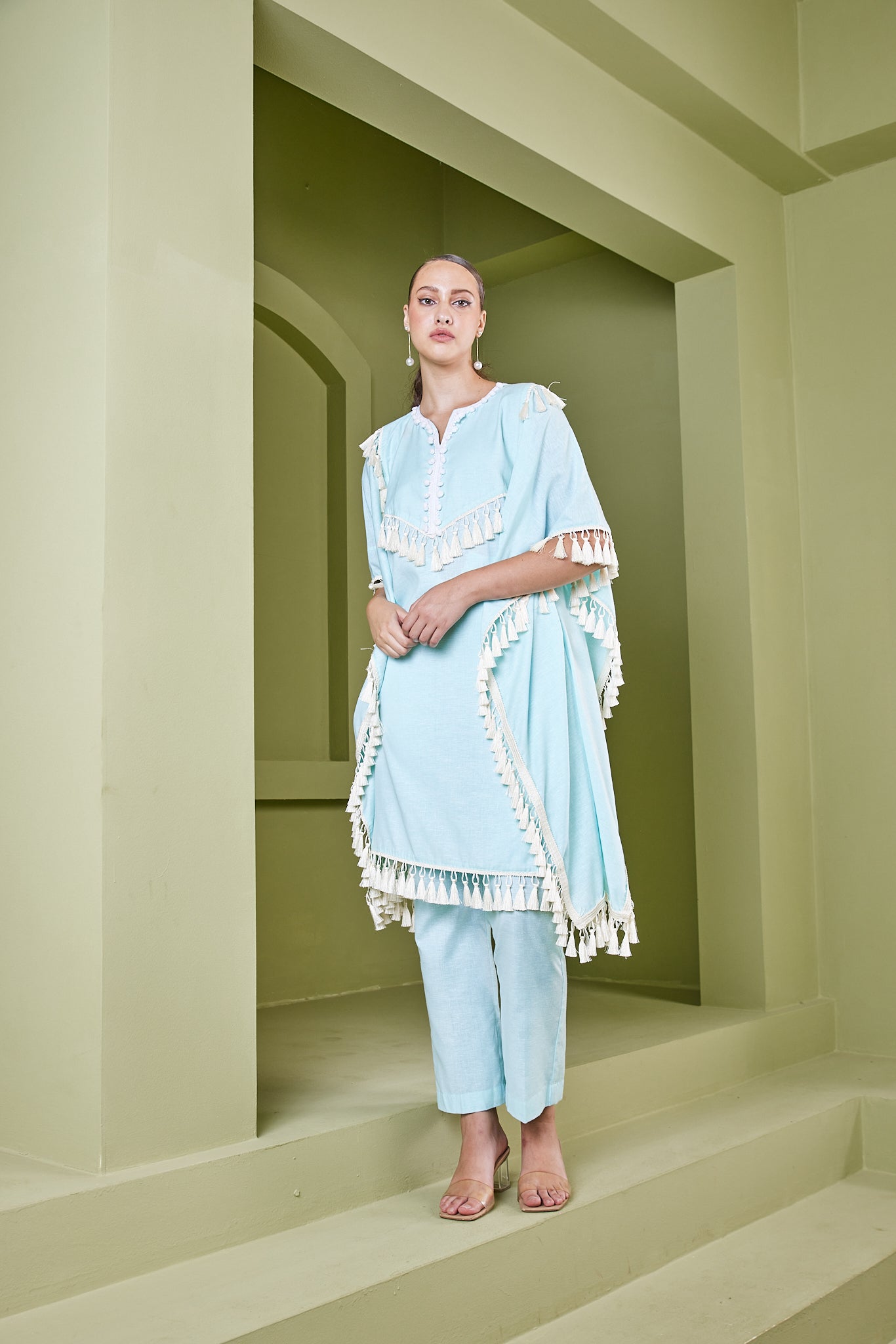 HAZE BLUE TASSEL FRINGE KAFTAN KURTA SET