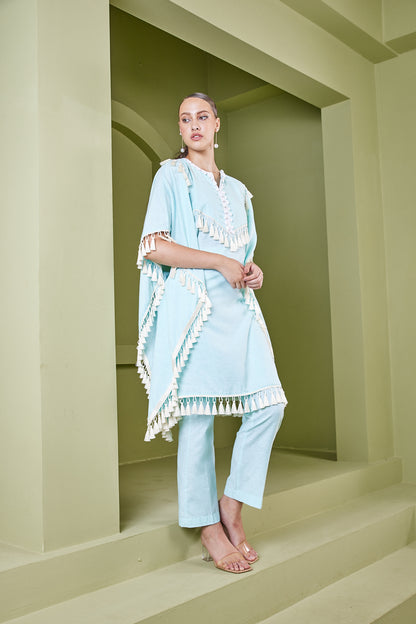 HAZE BLUE TASSEL FRINGE KAFTAN KURTA SET