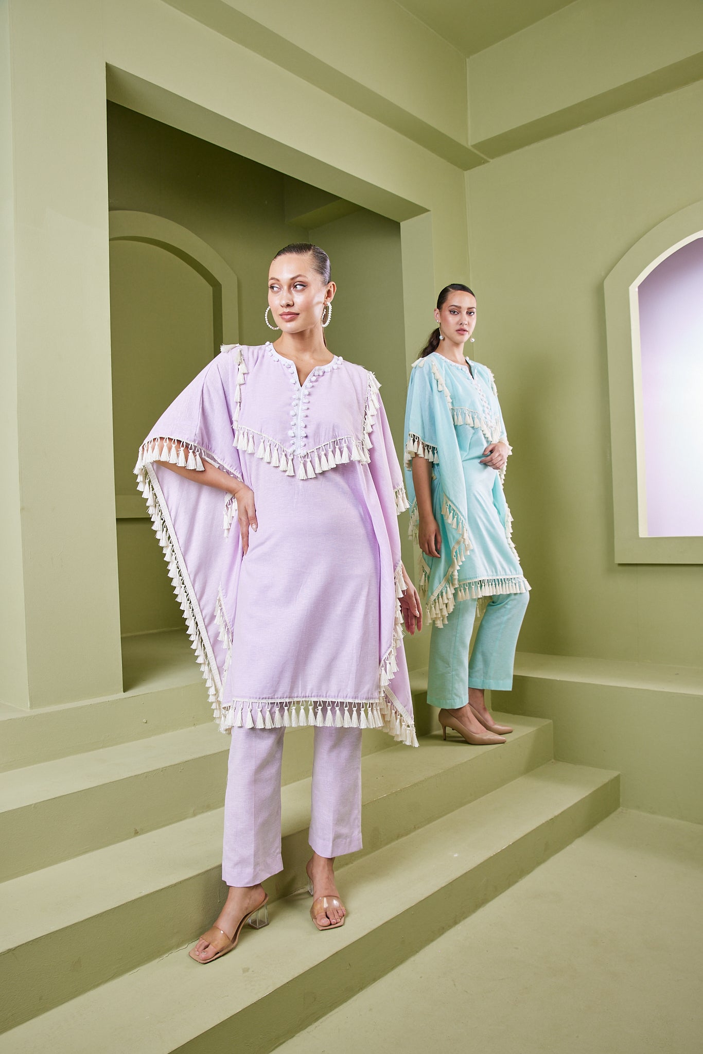 HAZE BLUE TASSEL FRINGE KAFTAN KURTA SET