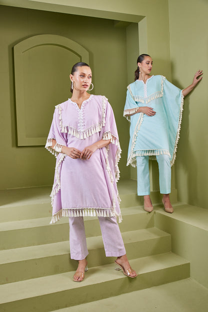 HAZE BLUE TASSEL FRINGE KAFTAN KURTA SET