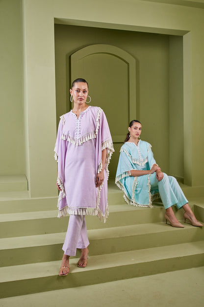 HAZE BLUE TASSEL FRINGE KAFTAN KURTA SET