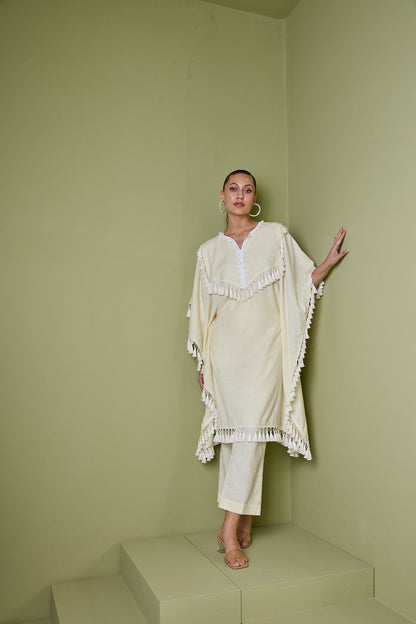 HAZE YELLOW TASSEL FRINGE KAFTAN KURTA SET