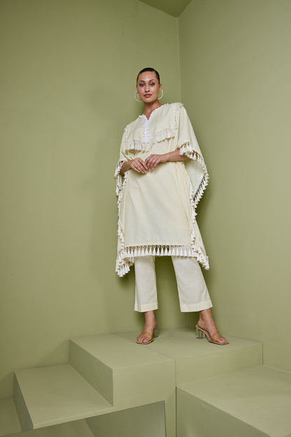 HAZE YELLOW TASSEL FRINGE KAFTAN KURTA SET