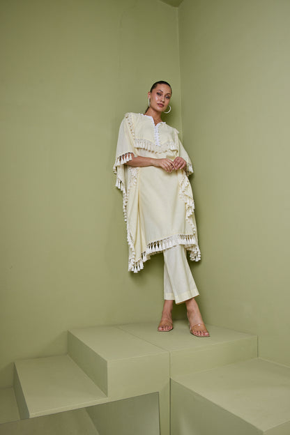 HAZE YELLOW TASSEL FRINGE KAFTAN KURTA SET