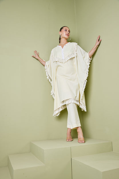 HAZE YELLOW TASSEL FRINGE KAFTAN KURTA SET