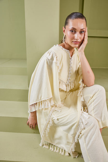 HAZE YELLOW TASSEL FRINGE KAFTAN KURTA SET