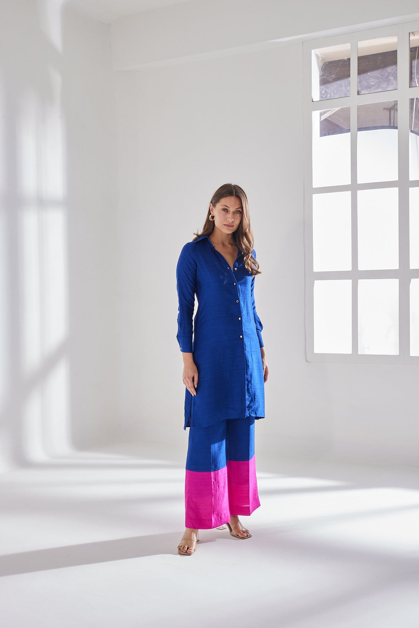 PINK-BLUE BLOCK KURTA SET