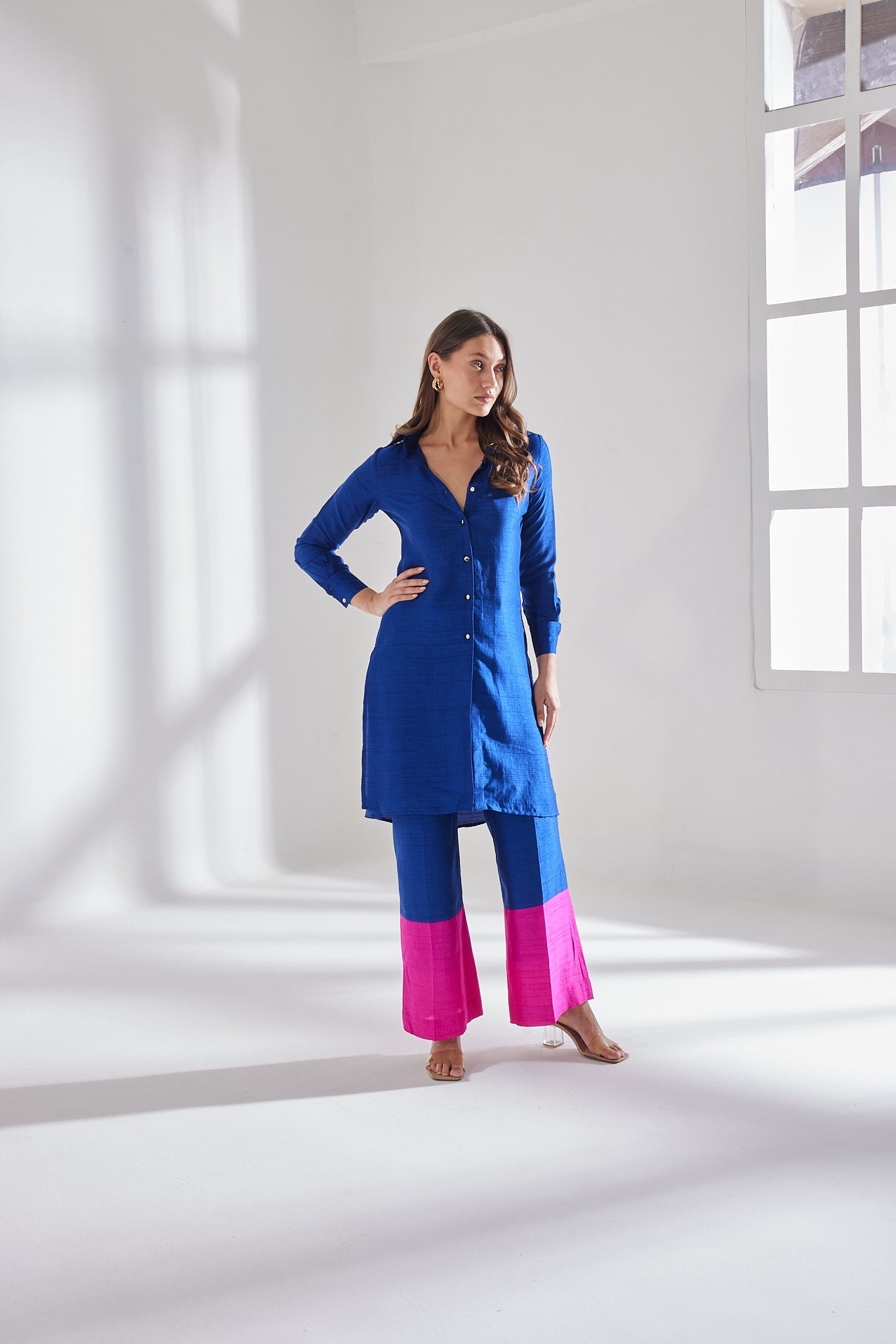 PINK-BLUE BLOCK KURTA SET