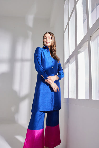 PINK-BLUE BLOCK KURTA SET