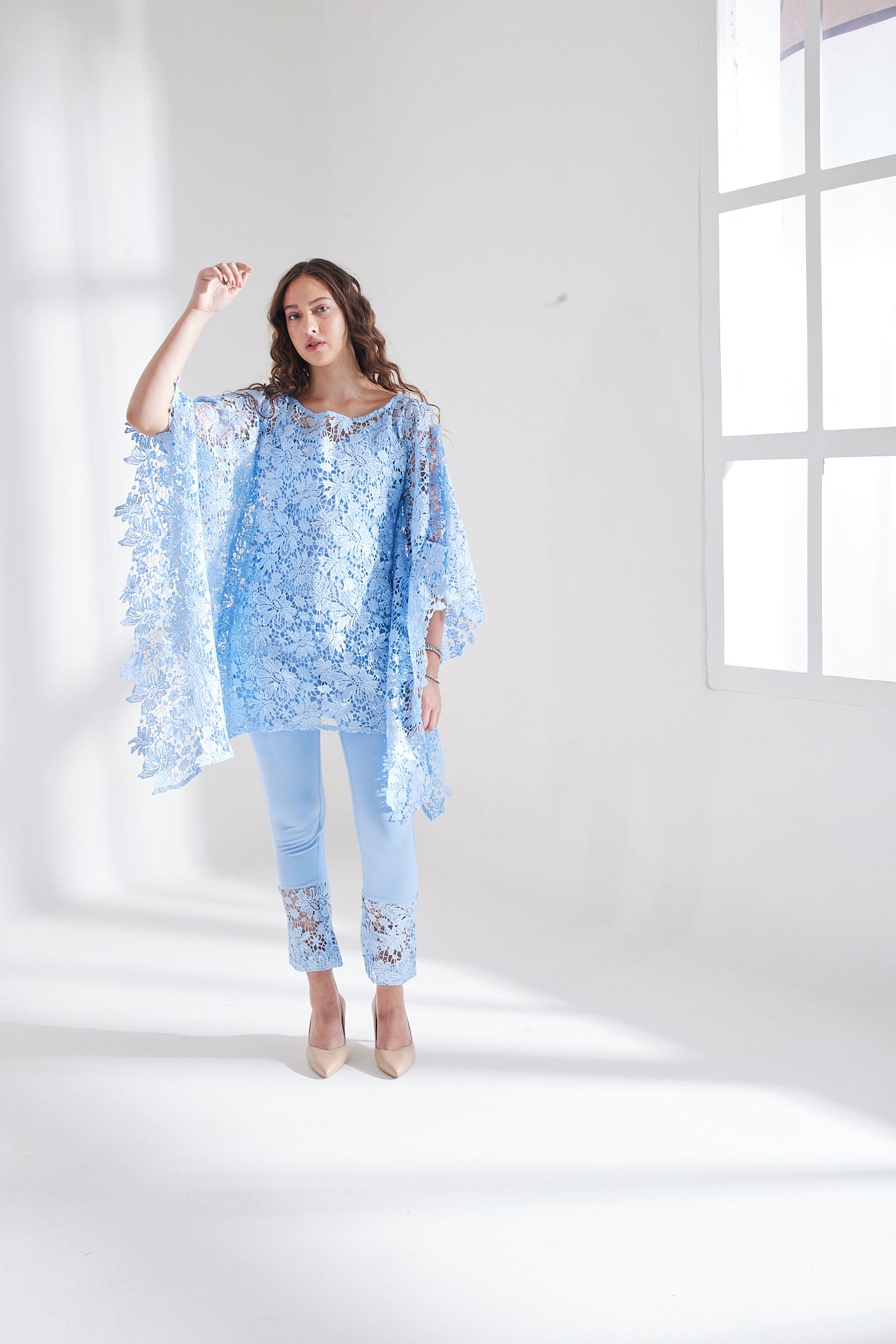 HAZE BLUE SCHIFFLI KAFTAN SET