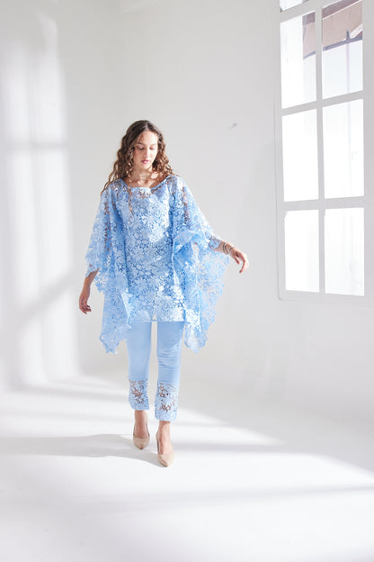 HAZE BLUE SCHIFFLI KAFTAN SET