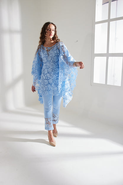 HAZE BLUE SCHIFFLI KAFTAN SET